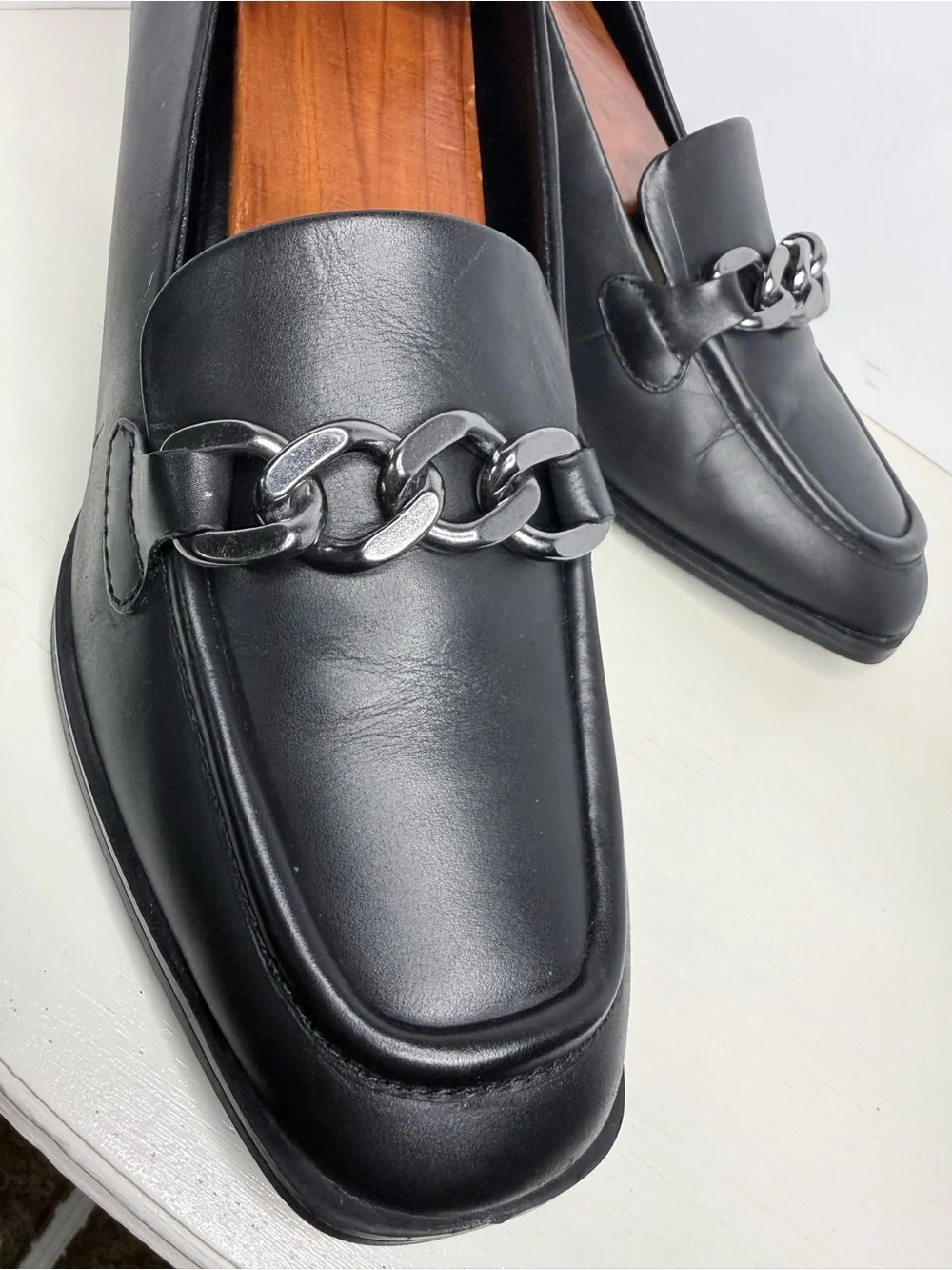 Nordstrom Black Leather Chain-Trim Block Heel Loafers Size 9.5